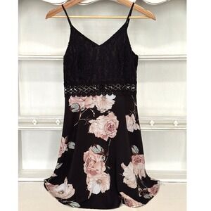 SHEIN‎ Black Pink Floral Lace Mini Dress Sleeveless V Neck Summer Party Resort S